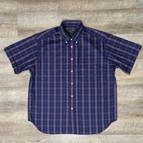 Christian Dior Button Up Shirt Men's L Short Sleeve Blue Red Plaid Crest Casual